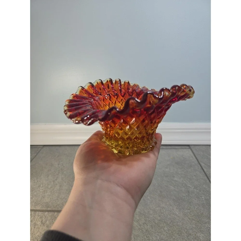 Vintage Amberina Diamond Point Ruffled Edge Rim Bowl